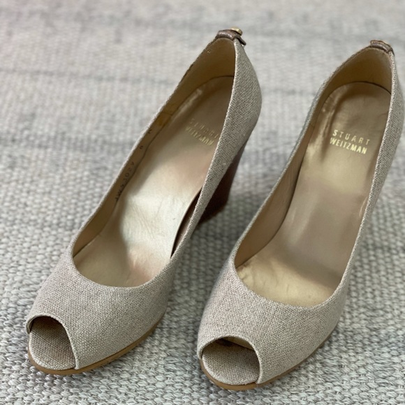 Stuart Weitzman size 8 Lille linen peep toe wedge